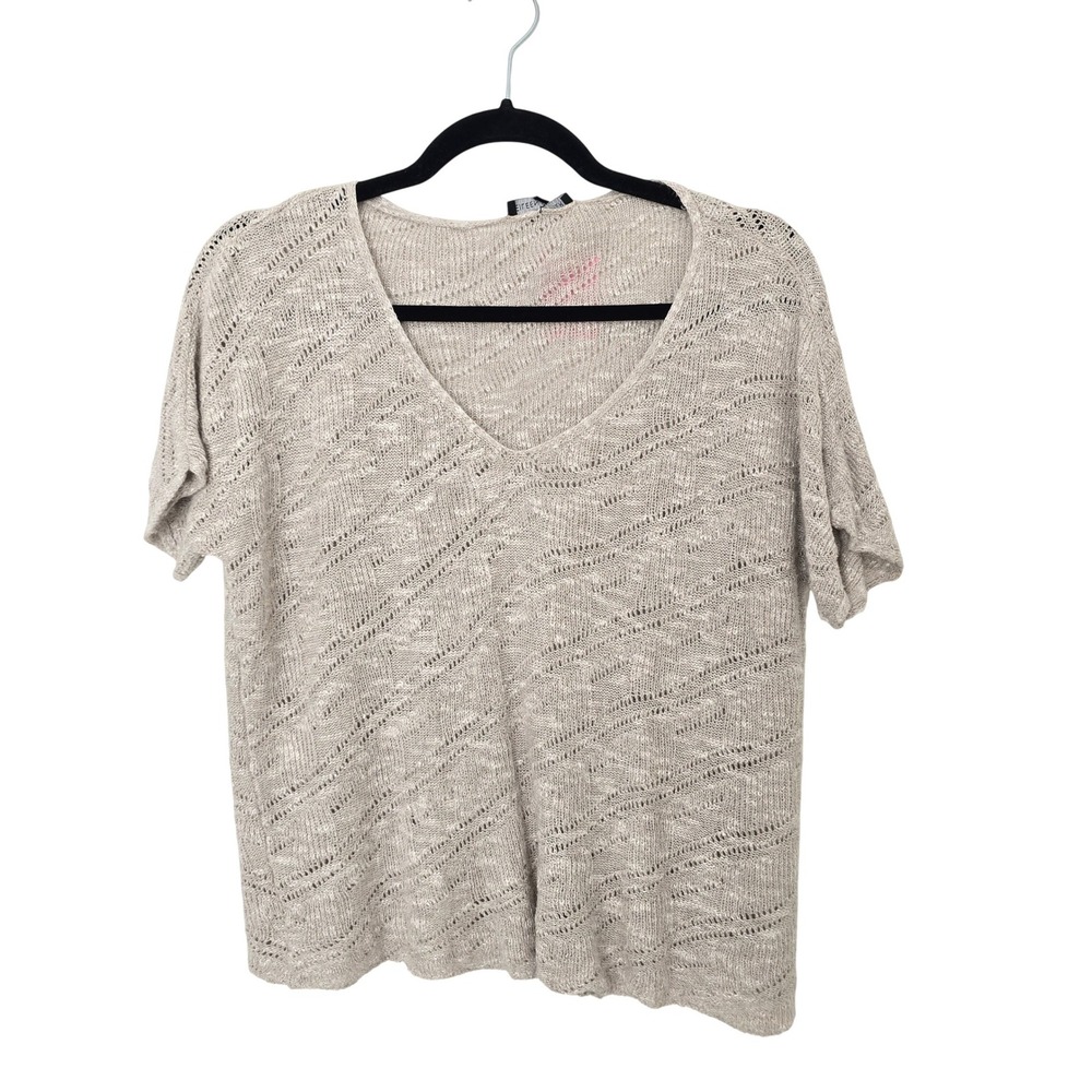 EILEEN FISHER Beige Knit‎ Textured V Neck Short Sleeve Top Women's Size Small S